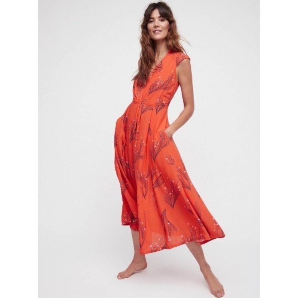 Free People Red Floral Botanical V-Neck Cap Sleeve Midi Dress Size 2